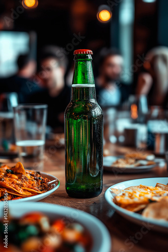 Obraz na płótnie A close-up of a green glass beer bottle and a plate of cheesy nachos on a rustic wooden table, with blurred figures and other food dishes suggesting a casual outdoor gathering. w salonie