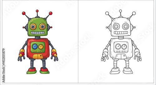 Colorful Robot Illustration: A vibrant and whimsical illustration of a cheerful robot, brought to life with bright colors and playful details, perfect for children and those young at heart.