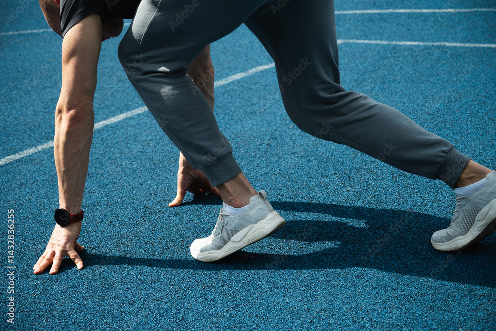 Close up of side view of mans feet in sport shoes running on blue running track. Start. Season workout, crossfit and training.