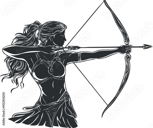 Black and white illustration of a female warrior archer aiming a bow and arrow in a fantasy style