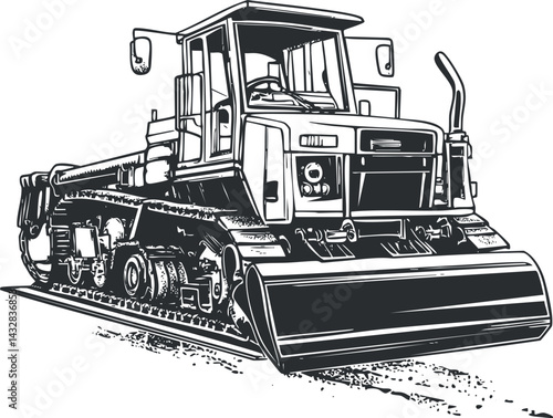 Black and white illustration of a heavy bulldozer construction machine with tracks and front blade for earthmoving