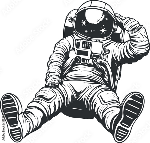 Illustration of an astronaut in a detailed space suit floating in space with stars reflected on helmet.