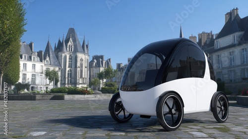 Modern, compact, electric vehicle in front of historical European buildings