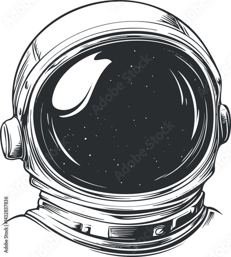 Black and white vector illustration of an astronaut helmet showing outer space reflection on the visor