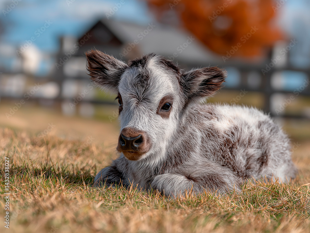A close-up portrait of a fluffy, light gray and black miniature calf lying in dry grass, with a blurred background of a white fence and a building, showcasing the gentle nature of young livestock.