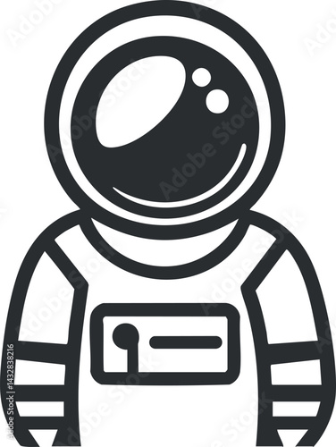 Simple black and white icon of an astronaut wearing a space suit and helmet, representing space exploration and science.
