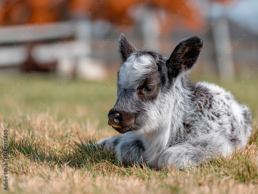 A close-up portrait of a fluffy, light gray and black miniature calf lying in dry grass, with a blurred background of a white fence and a building, showcasing the gentle nature of young livestock.