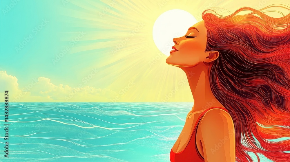 Illustration of a woman with red hair enjoying the sun near the ocean. Use for vacation, summer, skincare, or well-being concepts. Illustration of a woman with red hair enjoying the sun near the ocean. Use for vacation, summer, skincare, or well-being concepts.