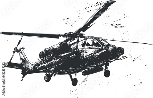 Black and white illustration of a military attack helicopter flying with detailed rotor and weaponry visible