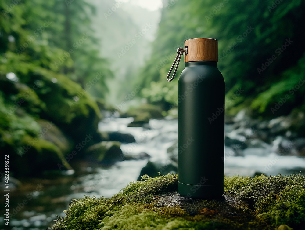 A reusable dark green water bottle with a wooden cap rests on moss-covered rocks near a blurred waterfall in a lush, natural environment, promoting sustainability and an active, eco-conscious lifestyl