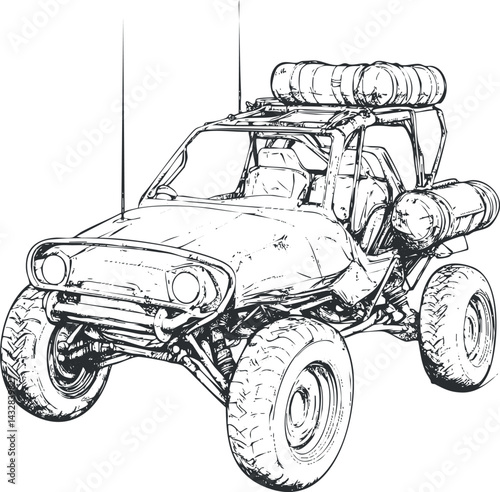 Detailed black and white sketch of an offroad dune buggy vehicle designed for rugged terrain and adventure sports.