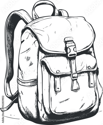 Black and white illustration of a vintage canvas backpack with straps and front pocket for travel or school use