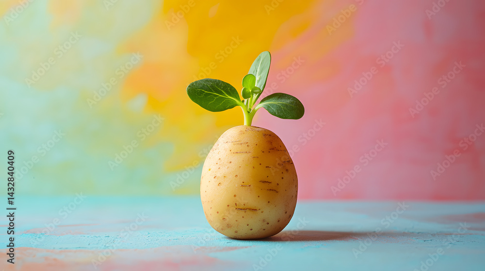 New Beginnings: A fresh start concept is brought to life as a vibrant green sprout emerges from a potato, set against a colorful backdrop. New Beginnings: A fresh start concept is brought to life as a vibrant green sprout emerges from a potato, set against a colorful backdrop.