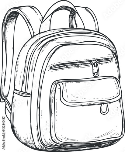 Hand-drawn sketch illustration of a backpack with zipper pockets and shoulder straps for travel or school use.