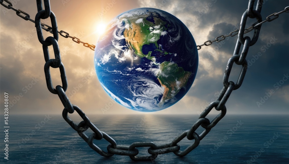 Planet Earth symbolizes global oppression while shackled in chains under the weight of political control and societal constraints Planet Earth symbolizes global oppression while shackled in chains under the weight of political control and societal constraints