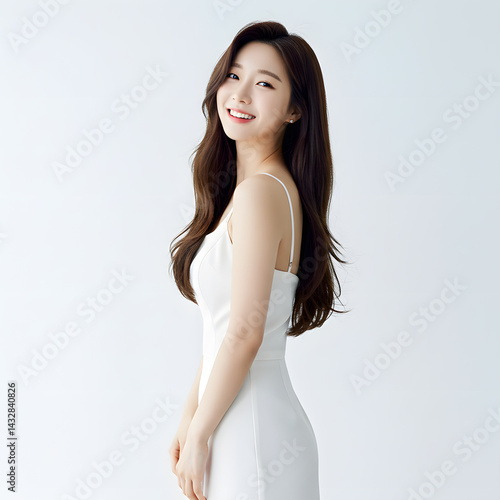 Young Beautiful Smiling Asian Woman in White Elegant Outfit Profile Side View Studio Portrait Set