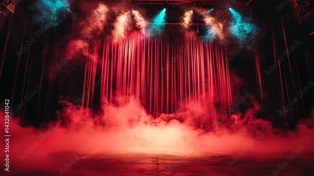 Fototapeta premium A grand stage with red curtains illuminated by colorful lights and surrounded by smoke, exuding an air of mystery and anticipation.