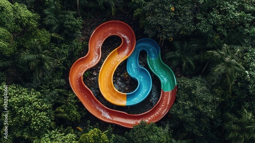 Aerial View of Colorful Water Slides Nestled in Lush Tropical Foliage