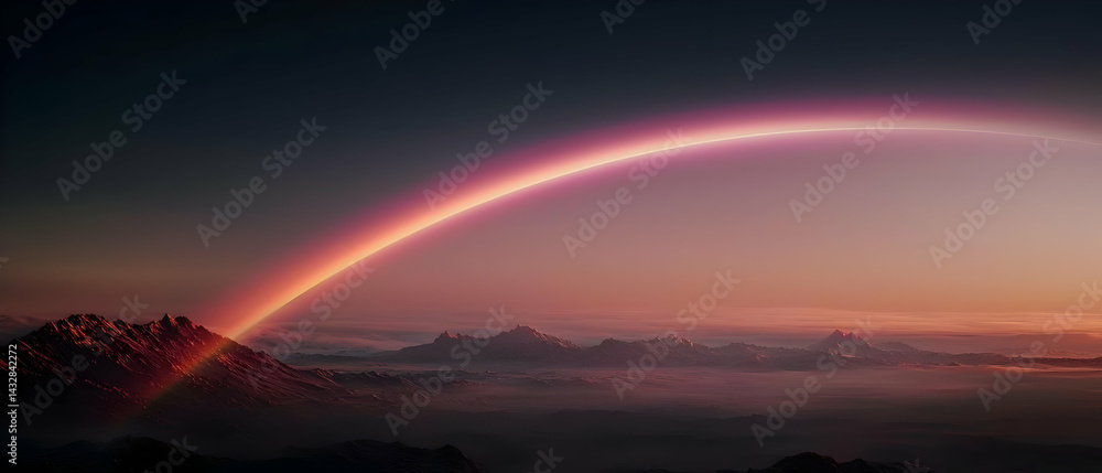 Majestic Rainbow Arcing Over Misty Mountains at Dawn Majestic Rainbow Arcing Over Misty Mountains at Dawn