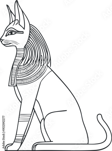 Black and white line art of an ancient Egyptian cat statue symbolizing mythology and culture