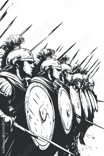 Illustration of Roman soldiers in a battle formation holding shields and spears ready for combat