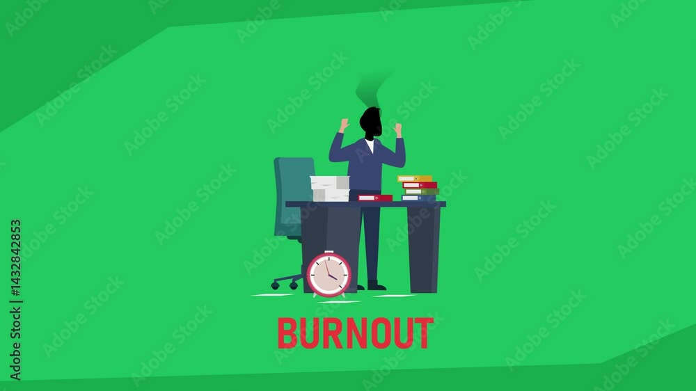 Workplace Burnout Concept – Stressed Employee Overwhelmed with Work sign cartoon animation Workplace Burnout Concept – Stressed Employee Overwhelmed with Work sign cartoon animation