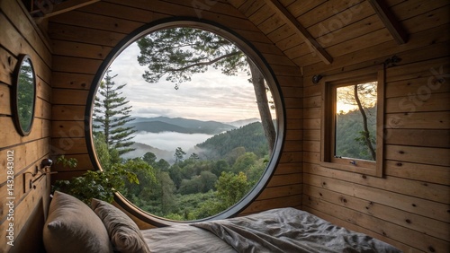 View from the castle window shows an arched wooden design framing the distant sky