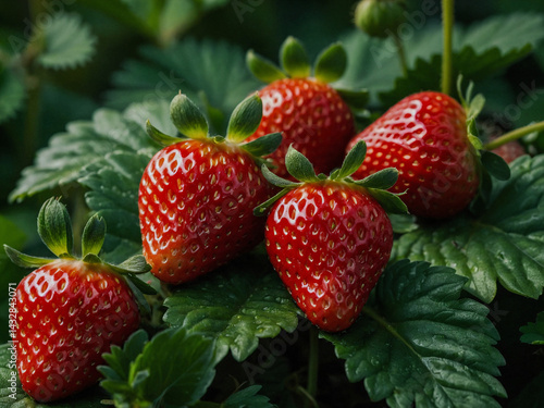 Juicy red strawberries nestled among green leaves for a fresh look.