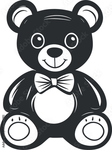 Black and white illustration of a cute teddy bear toy with a bowtie smiling happily