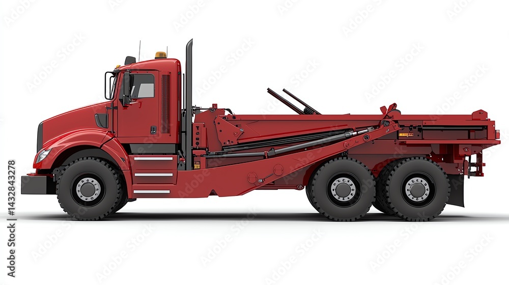 Naklejka premium A red heavy-duty truck in profile view.