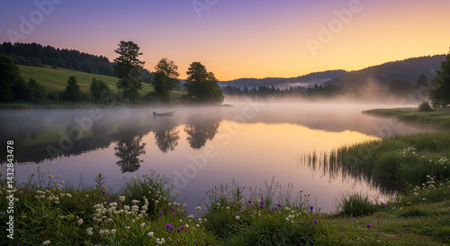 Tranquil Sunrise Over Misty Lake with Wildflowers and Boat