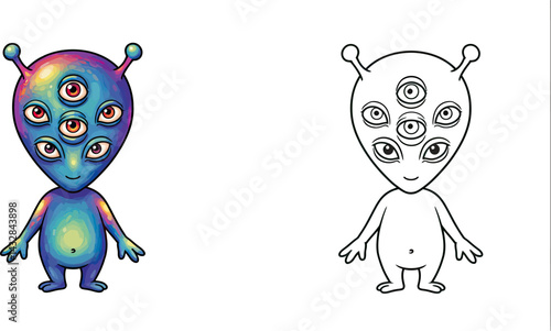 Interstellar Being: Two artistic renderings of a captivating alien life form, adorned with multiple eyes, poised against a clean, bright backdrop.