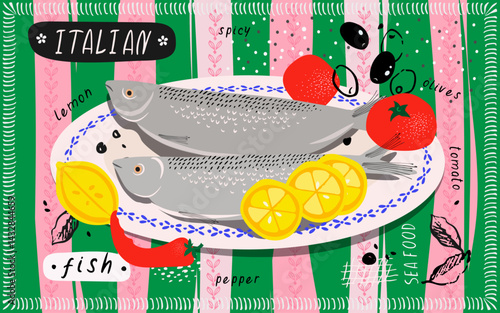 Italian cuisine  food illustration, with fish  and vegetables  on the colourful background card, banner, poster, grain, texture, hand drawn, creative modern vector illustration