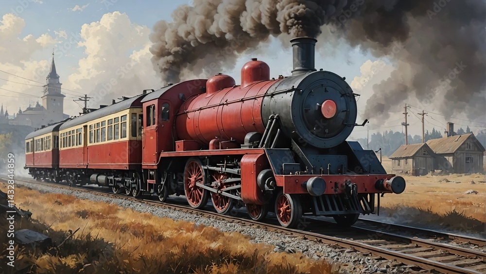 Obraz premium Vintage Steam Locomotive Countryside Illustration, Red Steam Engine Historical Railway Painting
