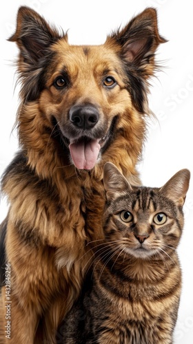 Friendly dog and cat portrait against white background
