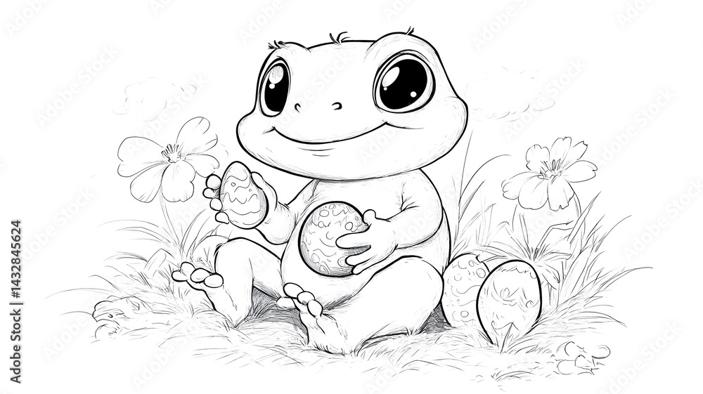 Obraz premium cute cartoon frog sits happily in grassy field, holding decorated eggs. scene is surrounded by flowers and clouds, creating playful and whimsical atmosphere