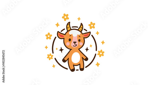 Cute cartoon goat surrounded by flowers and sparkles  