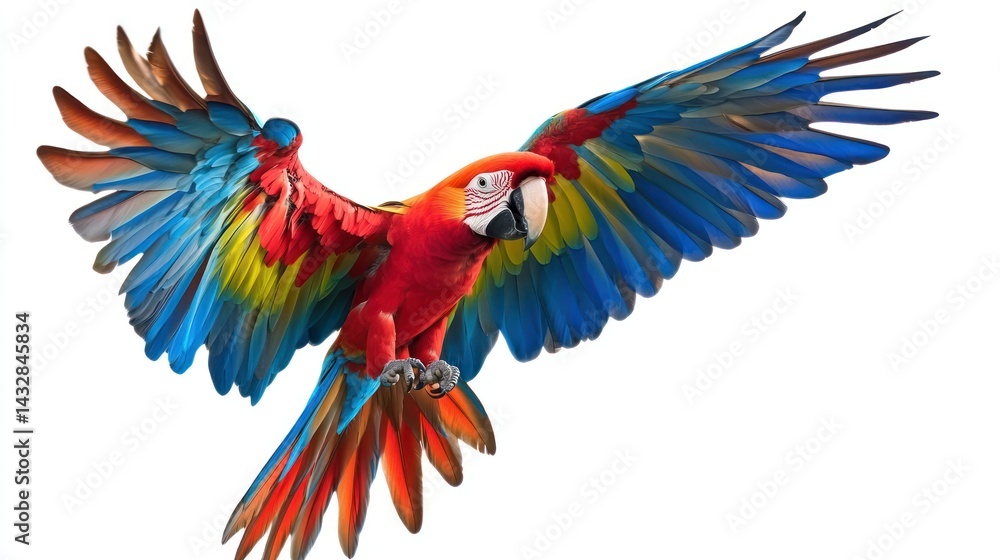 Fototapeta premium Scarlet Macaw Soaring Against a Clean Background with Vibrant Plumage Display