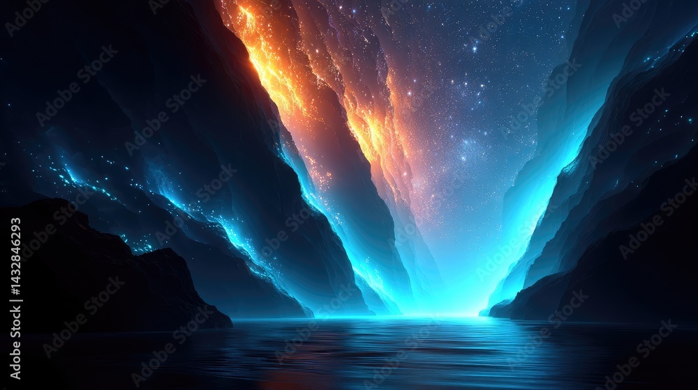 Obraz premium A breathtaking, otherworldly canyon bathed in vibrant celestial light.