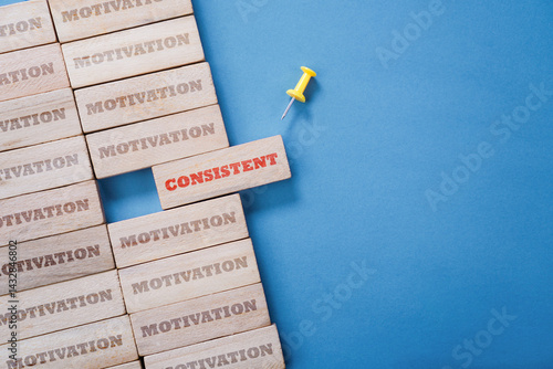 Wooden pieces with consistency word and motivation, with yellow pin