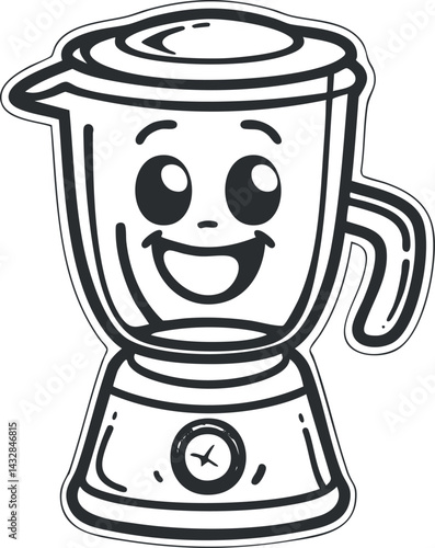 Cartoon style black and white drawing of a happy smiling kitchen blender appliance with handle and lid.