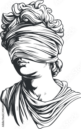 Black and white line art of a classical blindfolded statue bust with curly hair and draped clothing.