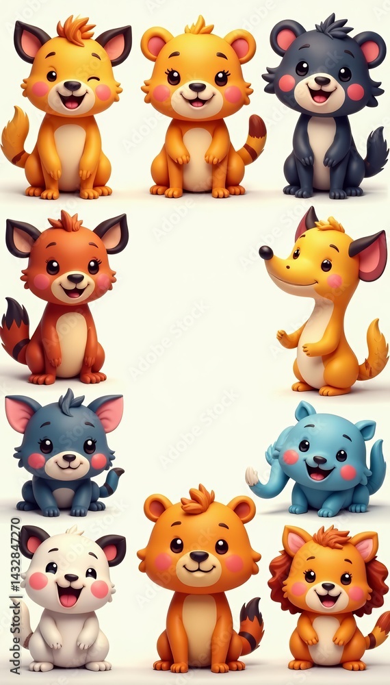 Obraz premium Collection of various happy and playful cartoon animal characters in a row, different, animals