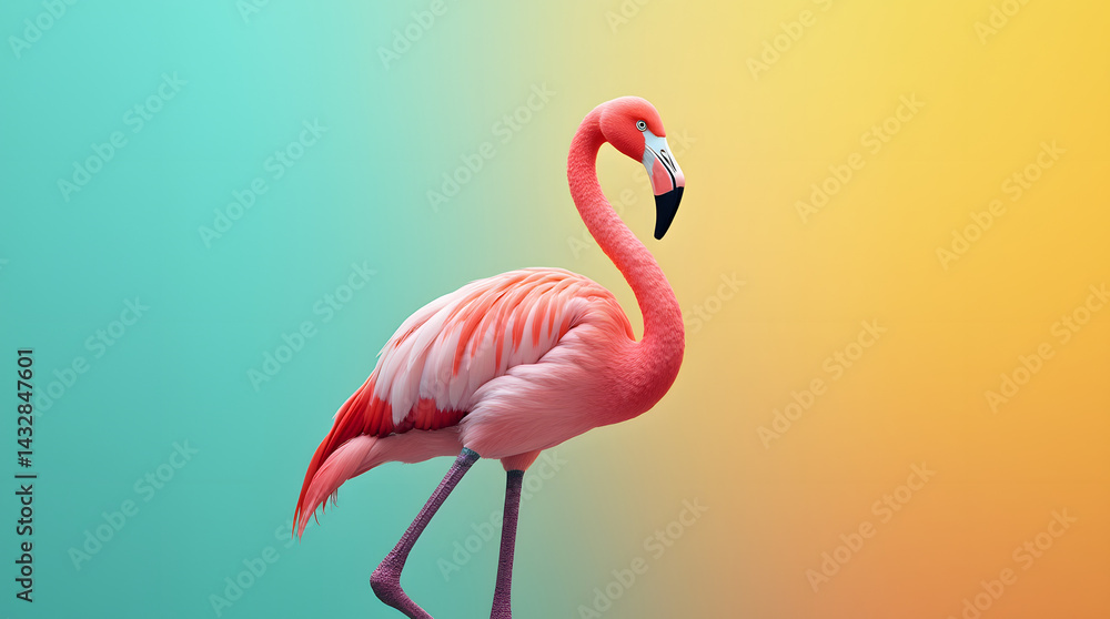 Fototapeta premium Bright pink flamingo posing on one leg with vibrant turquoise to golden yellow gradient background
