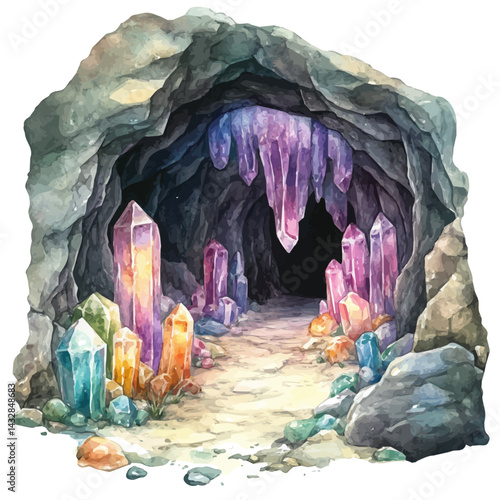 Cave With Walls Covered In Glowing Gems, vector watercolor illustration, isolated on a white background.