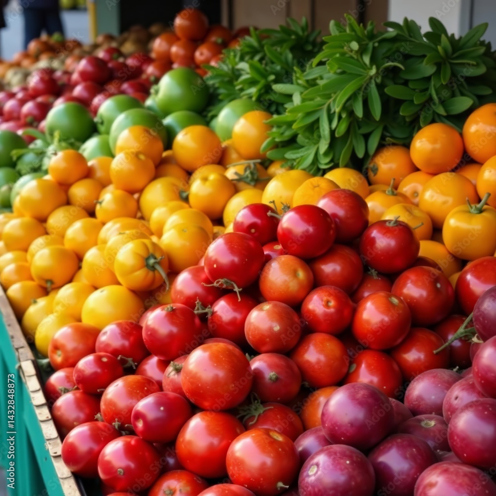 Colorful display of fresh fruits and vegetables at an outdoor market stall, market, vibrant Colorful display of fresh fruits and vegetables at an outdoor market stall, market, vibrant