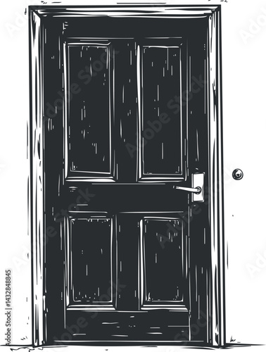 Black and white illustration of a closed wooden panel door with a handle and frame on a white background