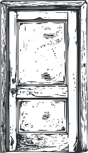 Black and white sketch of an old wooden door with panels and a door knob in a rustic style