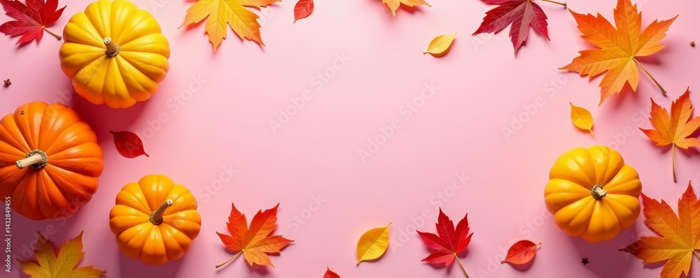Fototapeta premium Colorful fall foliage and pumpkins on soft pink surface, beautiful, background