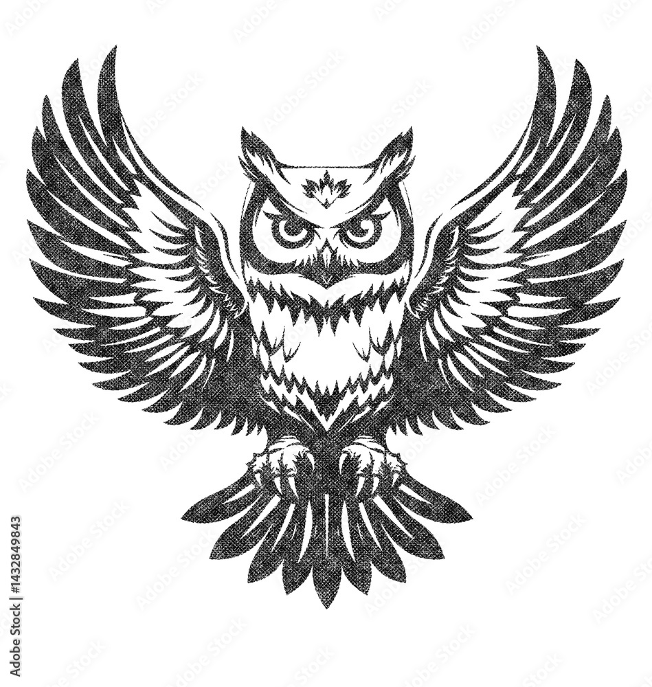 Fototapeta premium Owl Illustration with Risograph Overprint and Retro Texture